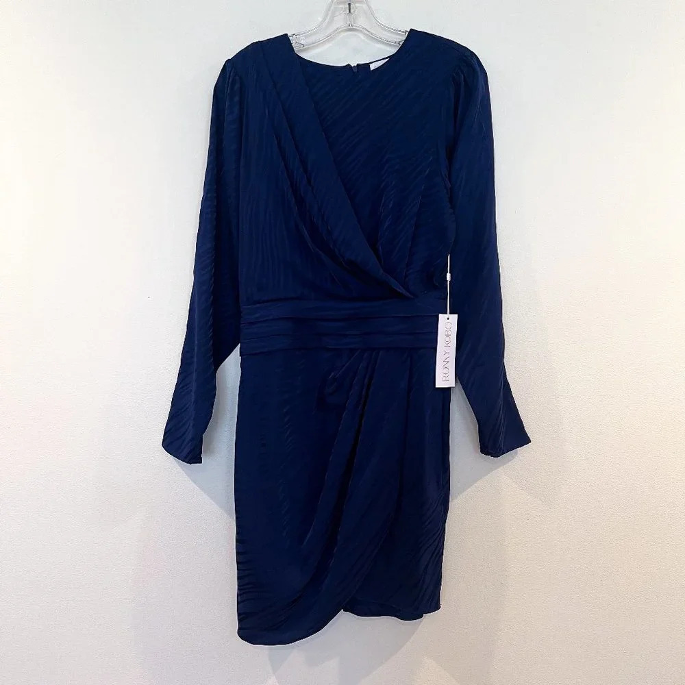 Ronny Kobo Shanaya Blue Zebra Animal Print Long Sleeve Draped Mini Dress M NWT - Picture 2 of 10